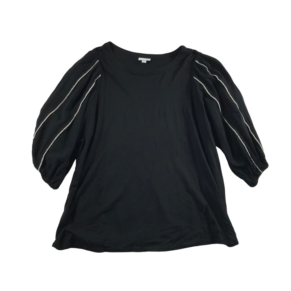 J. Jill Black Cotton Tencel Puff Sleeve Knit Top XL Crew Neck Boho Striped Trim